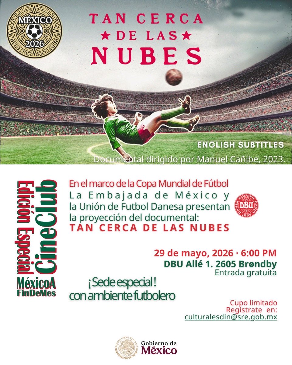 EmbaMexDin's tweet photo. ¡La Embajada 🇲🇽 y DBU 🇩🇰 invitan! conoce la historia de la selección femenil en el mundial de México 1971 ⚽️🥅

📍 DBU Allé 1, 2605 Brøndby
📆 29 mayo, 18 hrs.
📩 Regístrate: culturalesdin@sre.gob.mx
 *cupo limitado, entrada gratuita*

#DiplomaciaPublicaMX
#DiplomaciaDeportivaMX https://t.co/6g8FOH7zK8