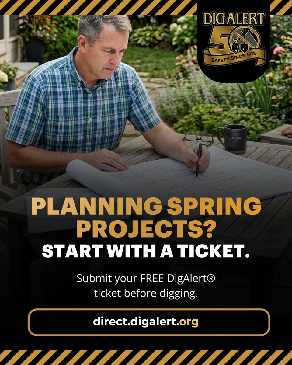DigAlert's tweet photo. Starting a new outdoor project? Whether it’s planting a tree, installing a fence, or building that dream garden bed…submit a DigAlert® ticket first.
Underground utility lines are often just inches below the surface. Hitting one by accident can cause:
⚠️ Power outages to your home or neighborhood
⚠️ Gas leaks that put lives at risk
⚠️ Costly repairs and potential fines
⚠️ Serious injuries or worse
Submit a DigAlert® ticket to have your utility lines marked so you can dig safely and confidently. It’s fast, free, and easy!

https://t.co/ycYypZU18n 

#SpringPlanning #DamagePrevention #811Awareness #HomeProjects