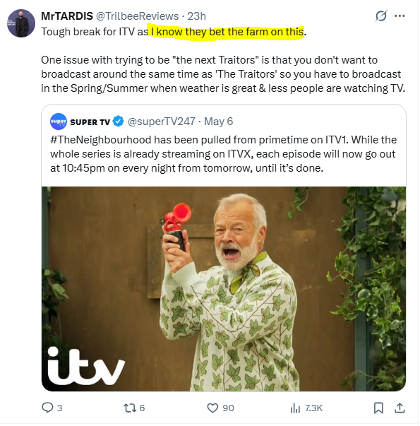 Crocker1136833's tweet photo. How does MrTardis know @itvstudios "bet the farm" on the success of this show? His claim suggests inside information.

@LiftedEnts co-produce The Neighbourhood and Tardis has worked for them as a floor runner so it's possible. Not sure what CEO @richardcowles would make of this? https://t.co/1xTer7oqxw