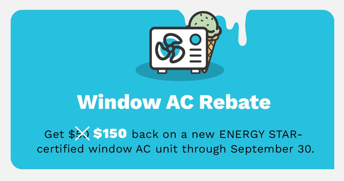 EfficiencySmart's tweet photo. Now through September 30, you can get a triple rebate on a qualifying window air conditioner.

Learn more on how to get this sweet treat before it melts: https://t.co/SYplq42wLD https://t.co/pn7F9VMjyd