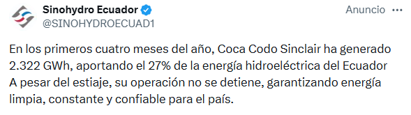EcEnDirecto's tweet photo. #ATENCIÓN 
La empresa @SINOHYDROECUAD1 informó que en los primeros cuatro meses del año, la hidroeléctrica Coca Codo Sinclair ha generado 2.322 GWh, aportando el 27% de la energía hidroeléctrica del Ecuador.
"A pesar del estiaje, su operación no se detiene", indicó. https://t.co/3EDdCP74TU