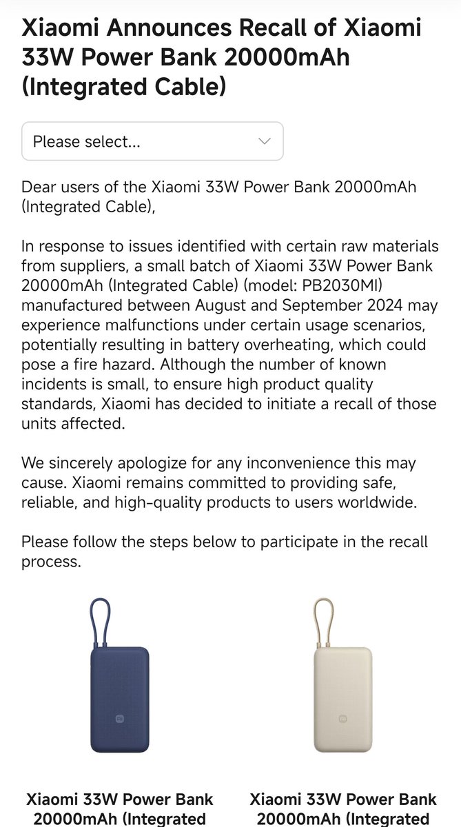 DeepakSudev's tweet photo. Xiaomi Announces Recall of Xiaomi 33W Power Bank 20000mAh (Integrated Cable) https://t.co/AtqIDD1BxA
