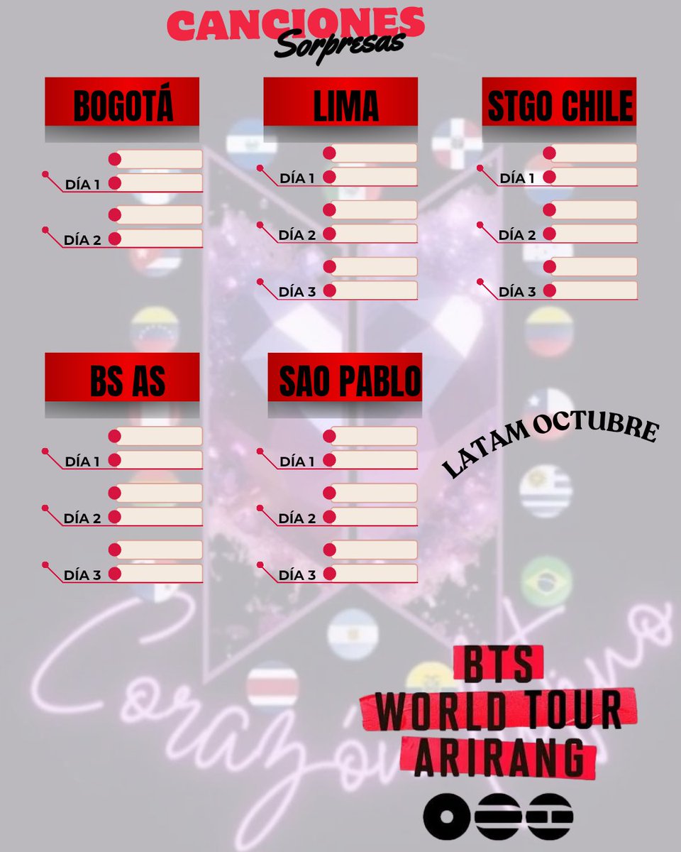 btscorazonlati1's tweet photo. DATA🌏(07/05/26)
LISTADO DE CANCIONES SORPRESAS QUE CANTO BTS HASTA EL MOMENTO EN SUS SHOWS.
(Dejo Foto para el llenado de canciones en las ciudades qué dará concierto BTS hasta octubre)
#btsarmy #infobts #BTS #CLBTS https://t.co/4fxu3G6fmu