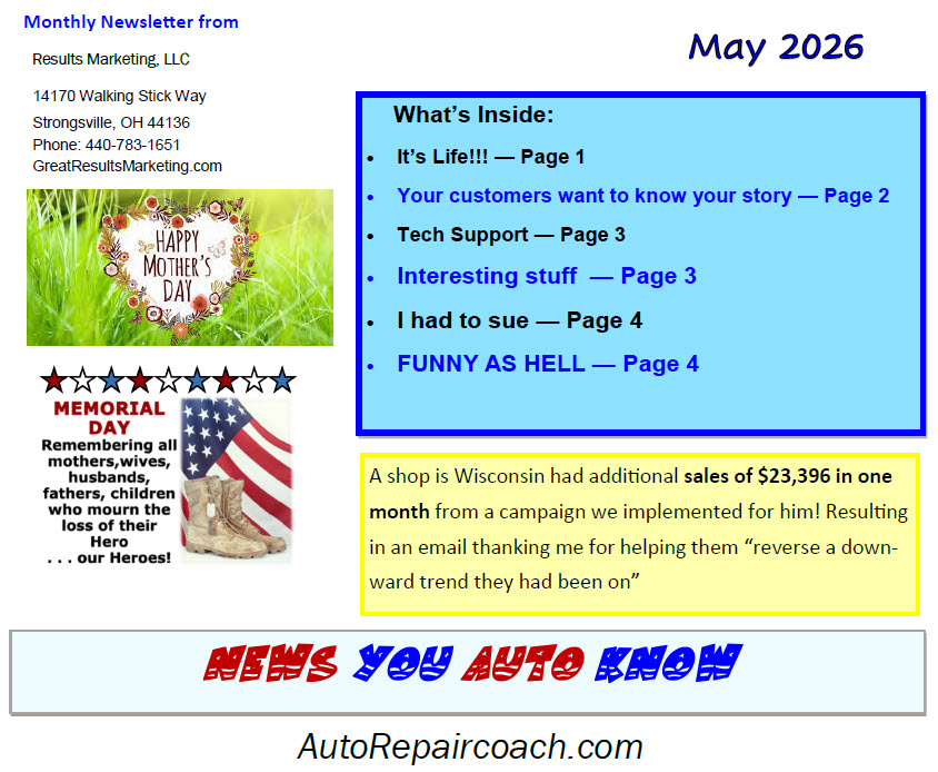 dancricks's tweet photo. In the news for May...

* It's Life!!! — Page 1
* Your customers want to know your story  — Page 2
* Tech Support — Page 3 
* Interesting Stuff — Page 3
* I had to sue — Page 4
* FUNNY AS HELL - Page 4

https://t.co/PxucxT8dGR
 #newsyouautoknow #marketingstrategies #newsletter https://t.co/tfNVEjz1xB