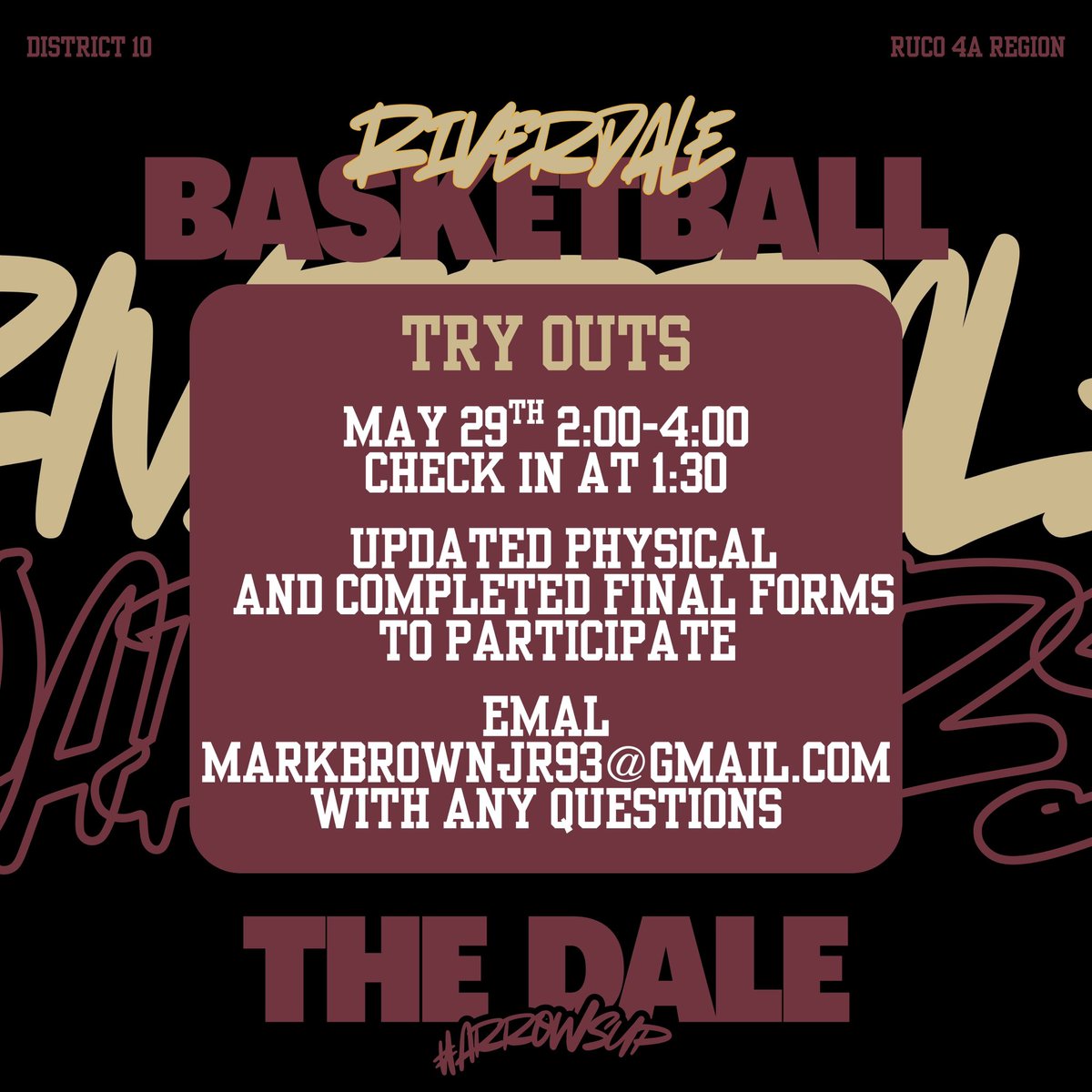 RiverdaleHoops's tweet photo. Tryouts for the upcoming Riverdale basketball program will take place Friday, May 29th.

Check in 1:30 pm, tryouts 2:00 to 4:00 pm.

Athletes trying out MUST have an updated physical and completed Final Forms to try out.

Email MarkBrownJr93@Gmail.com with questions.

#ArrowsUp https://t.co/HnK6YT4xi4