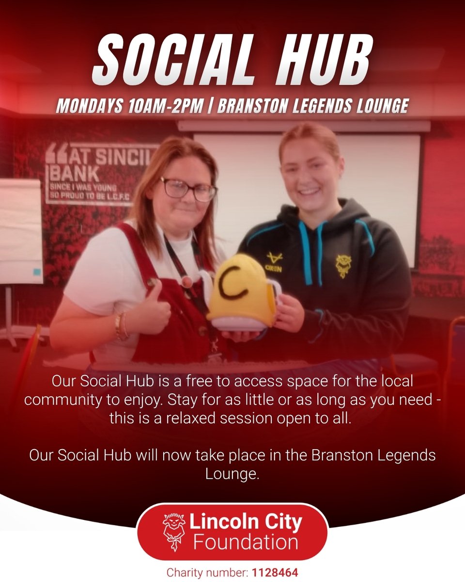 LCityFoundation's tweet photo. 🙌 Our weekly Social Hub is back on Monday and will take place in the Branston Legends Lounge moving forward!

📆 Getting under way from 10am, there is also Citizen's Advice support available until midday. https://t.co/xkpeIYtowM