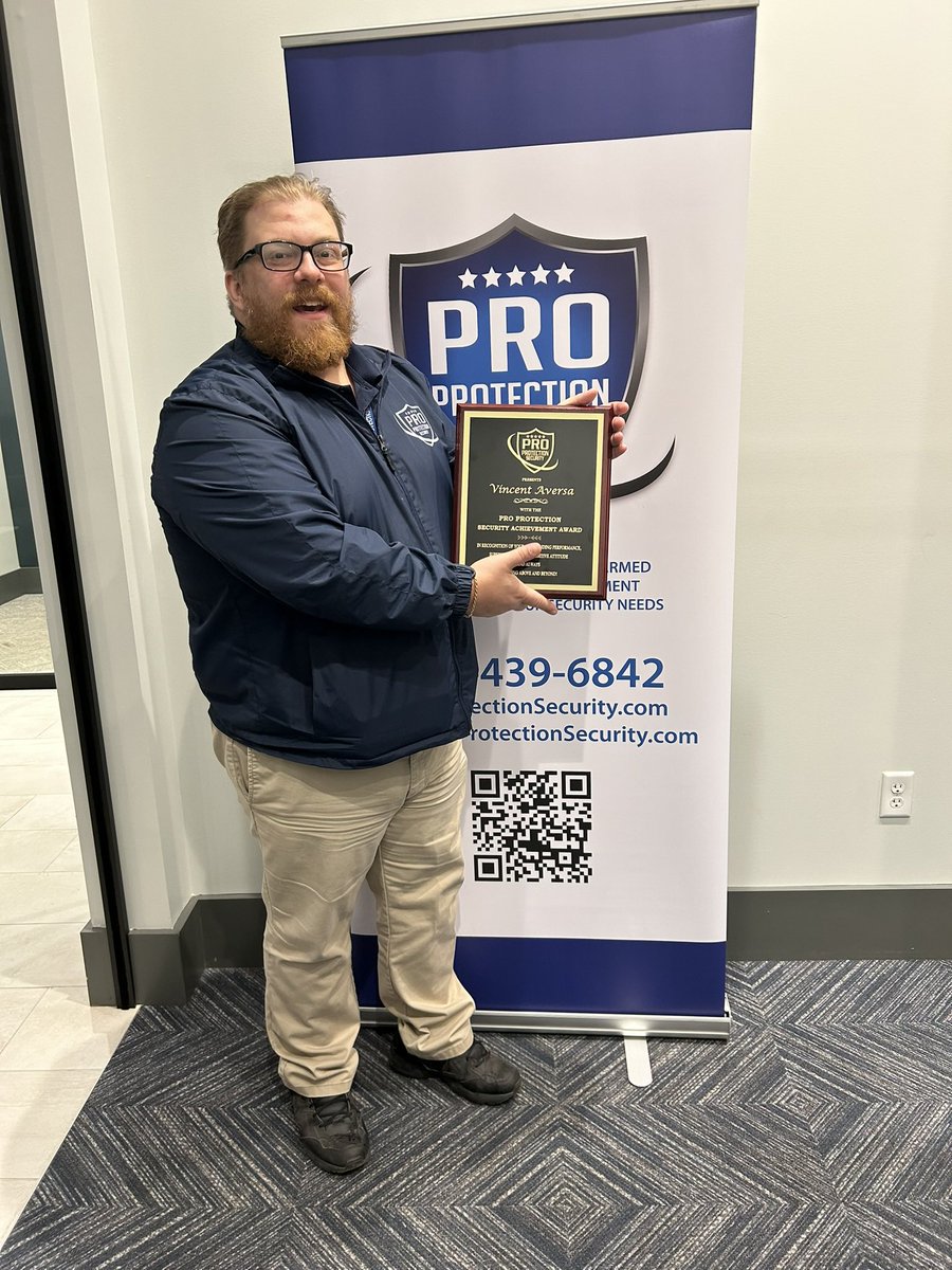 ProProtection1's tweet photo. Congratulations to Pro Protection Security Officer Vincent Aversa on receiving an Achievement Award/Employee of the Month recognition! Over the past several months, Officer Vinny has demonstrated outstanding dedication and professionalism by apprehending numerous perpetrators. https://t.co/4xsR7dStvf