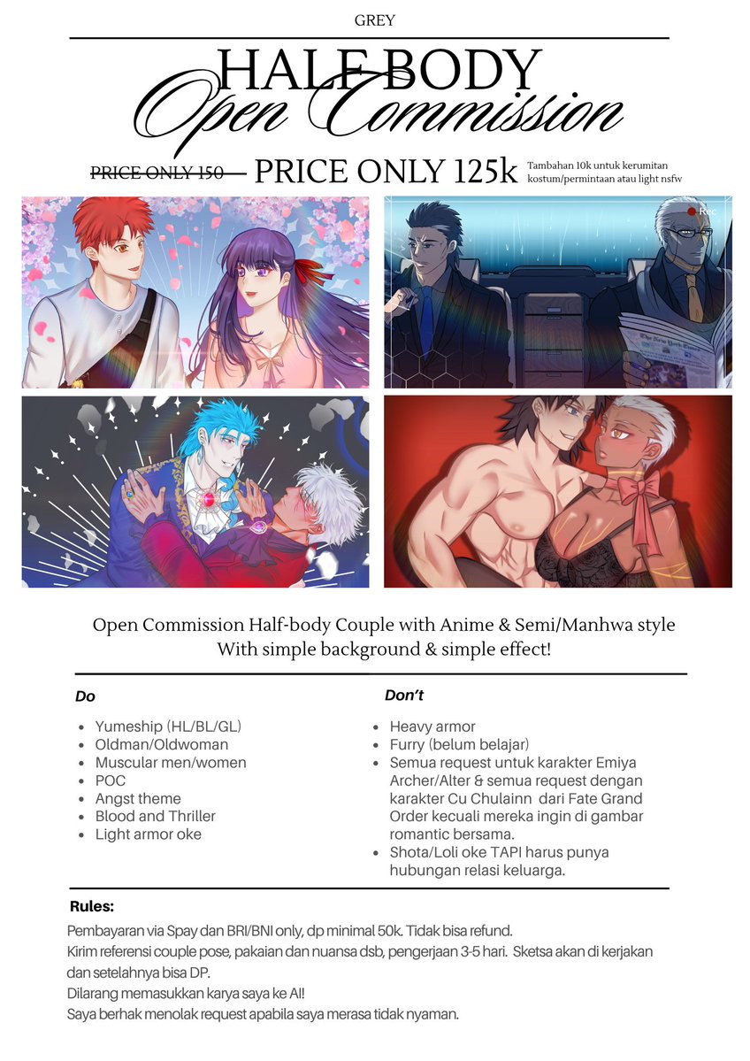 Local comz only! (2/5)
Butuh 3 orang lagi untuk ngisi kuot4~ Menerima segala req kecuali yang don't. Jika tertarik langsung chat aja ya 🙇
Canonxcanon oke, octp juga oke~ Jujur untuk furry saya mentok di canine since pernah gmbr felmuko. Untuk portfo dibawah yaaa👇makasiii💐💐