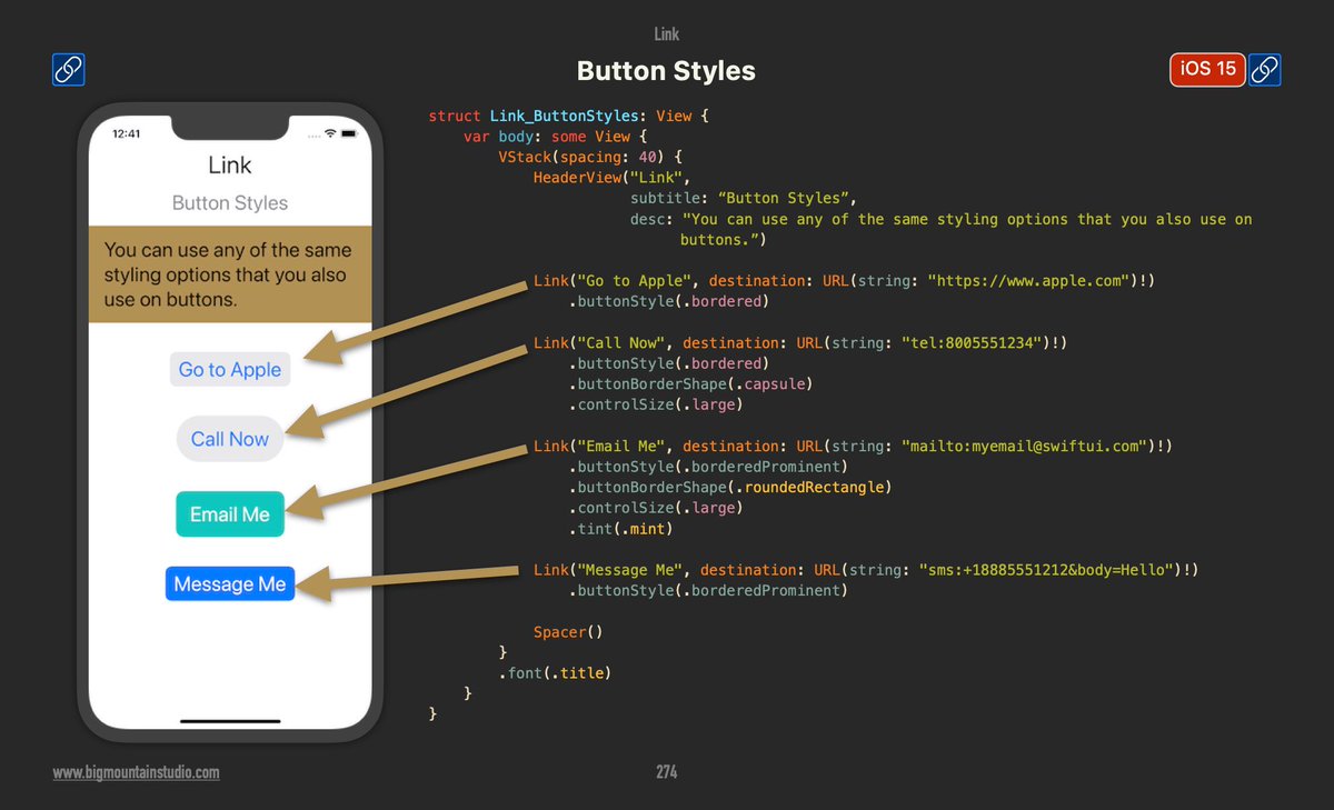 BigMtnStudio's tweet photo. ❓How do I create links with different button styles in SwiftUI?
💡Use the Link component with buttonStyle modifiers like .bordered and .borderedProminent, plus shape modifiers like .capsule or .roundedRectangle for beautiful, tappable links.
👉Free #SwiftUI picture book at https://t.co/E14RMGp2fW