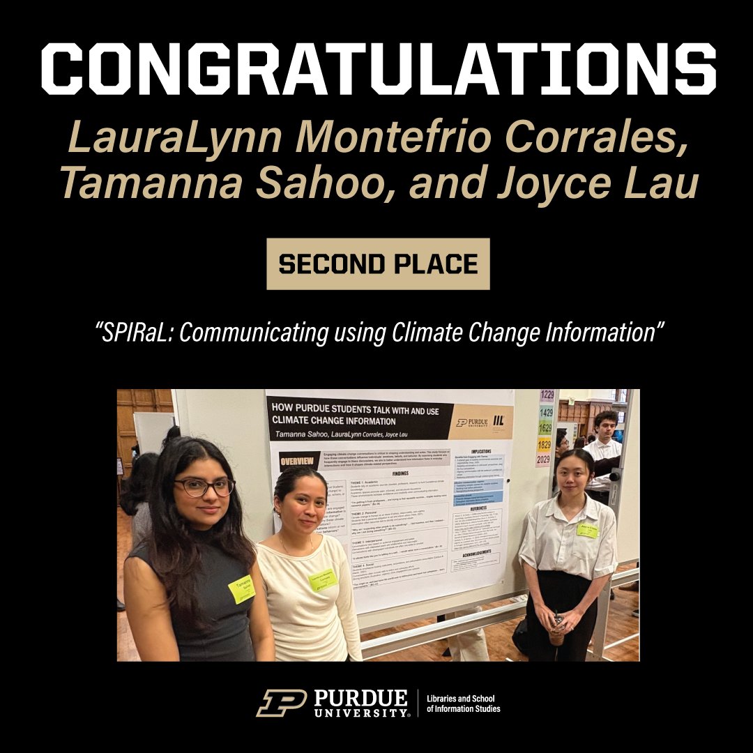 PurdueLibraries's tweet photo. Congratulations to LauraLynn Montefrio Corrales, Tamanna Sahoo, and Joyce Lau for their second place presentation at the 2026 Purdue Undergraduate Research Conference, 

Mentors: Professor Rachel Fundator and Professor Clarence Maybee https://t.co/M71wIMHgIJ