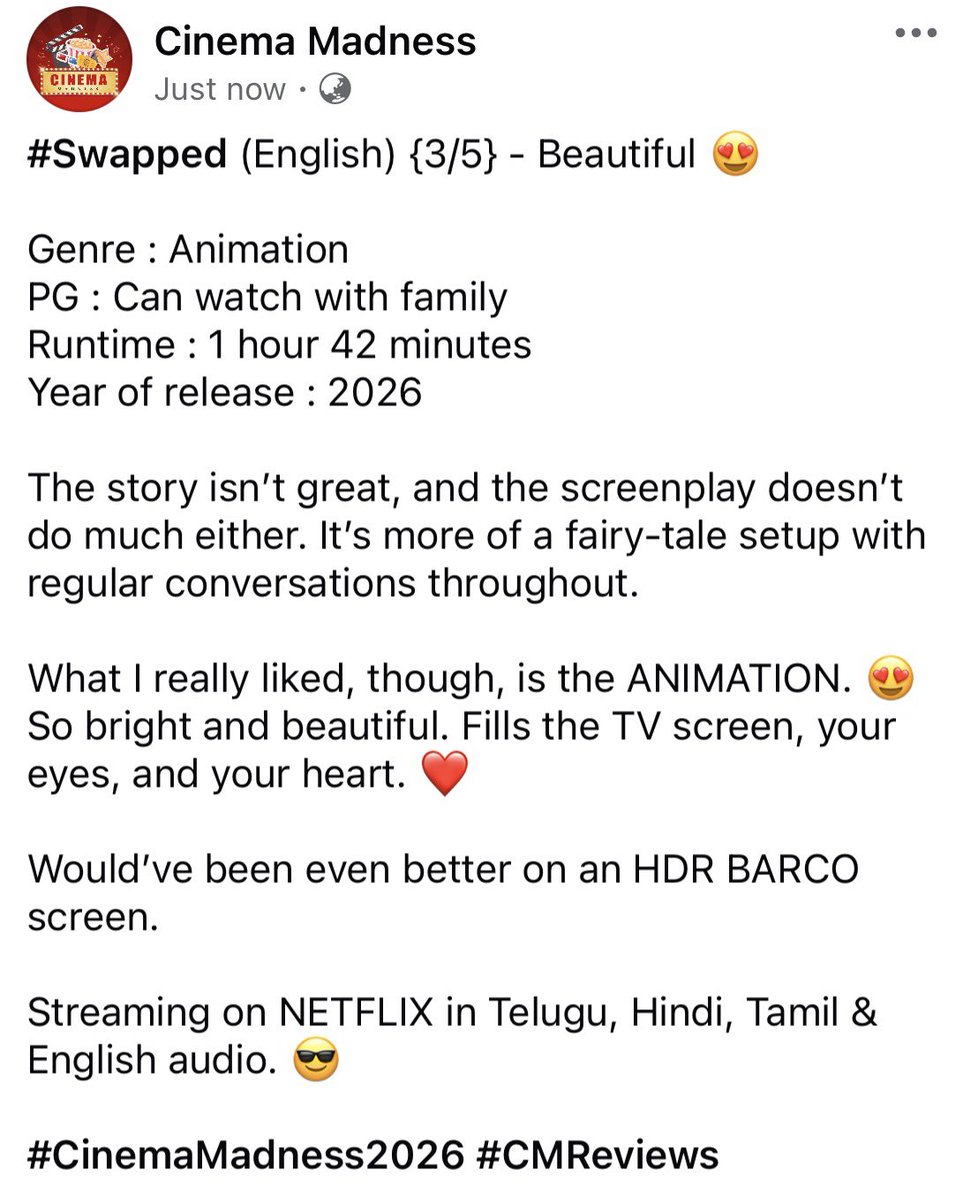 CinemaMadness24's tweet photo. #Swapped (English) {3/5} - Beautiful π
#SwappedReview #CMReviews https://t.co/y2RWScRZQI