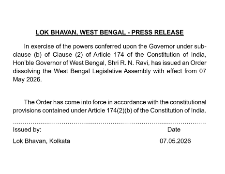 otvnews's tweet photo. Governor of West Bengal, RN Ravi, has issued an Order dissolving the West Bengal Legislative Assembly with effect from 07 May 2026. https://t.co/LJiRkRkmzC