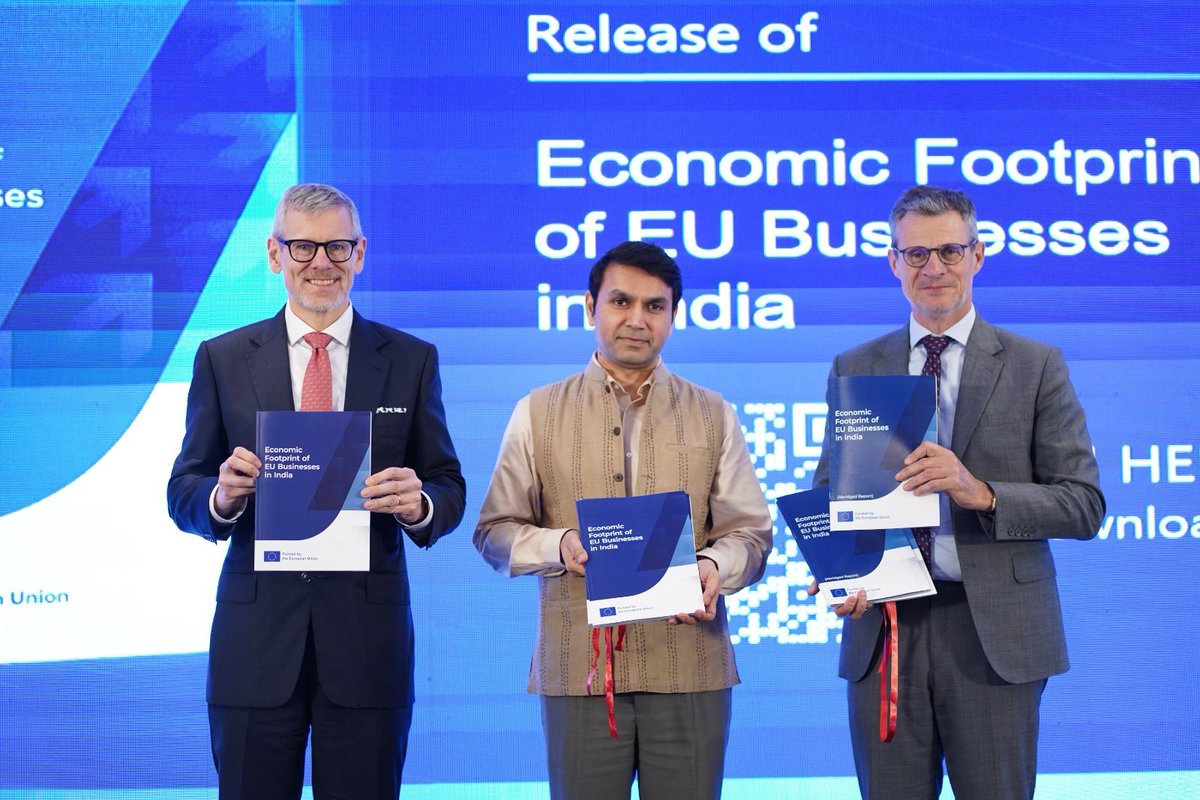 EUAmbIndia's tweet photo. We just released the Economic Footprint of EU Businesses in India Report, showing the impressive scale of 🇪🇺 companies’ contribution to 🇮🇳 growth. With the FTA it will grow larger &amp; faster with mutual benefits ! More trade, more investment, more jobs 👇
 https://t.co/YTA96yqFSM https://t.co/skrjGFOmgD
