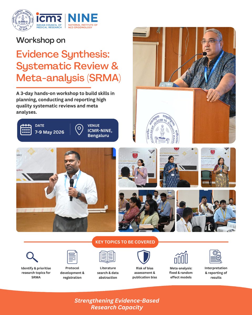 A three-day Workshop on #SystematicReview and #Metaanalysis  organised by the HTA Resource Centre of ICMR-NINE, commenced today.
The workshop aims to strengthen the skills of Medical Postgraduate students and PhD scholars in #SRMA 
 #EvidenceBasedMedicine #icmrnine