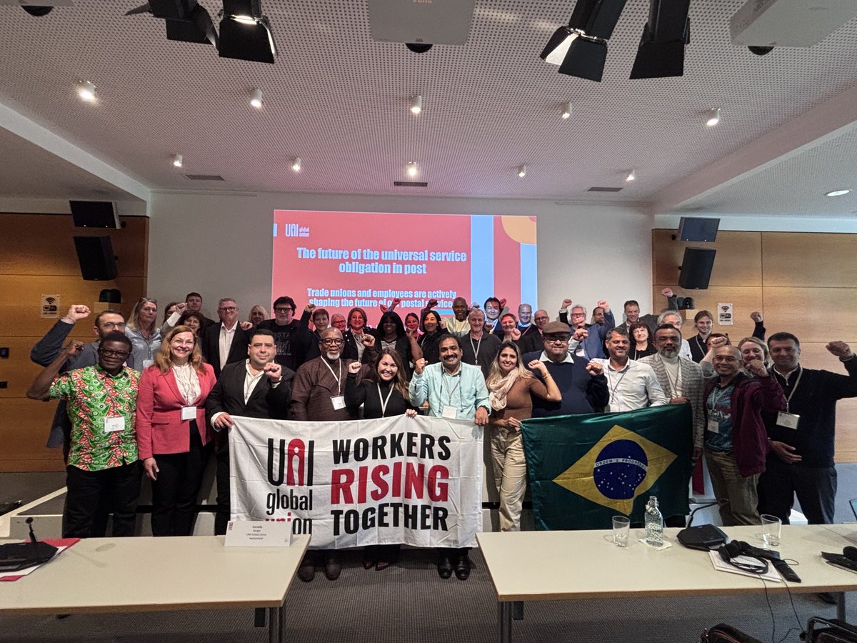 uniglobalunion's tweet photo. Trade union leaders representing postal workers from Senegal to Spain and Germany to Japan gathered at our offices in Switzerland this week to defend the right to regular, affordable postal deliveries - known as the universal service obligation. The USO is under attack globally as governments seek to further privatize and deregulate postal networks built over generations with public investment.

“The USO is not just a regulatory framework. It is the backbone of public postal services. It is what guarantees that every person, no matter where they live, no matter their income, has access to important communication and delivery services. It is what ensures that postal services remain a public good, not just a commercial opportunity,” said Jan Simpson, UNI Post & Logistics World President and president of Canadian Union of Postal Workers.

Read the full report here:  https://t.co/hwsKaijAsF