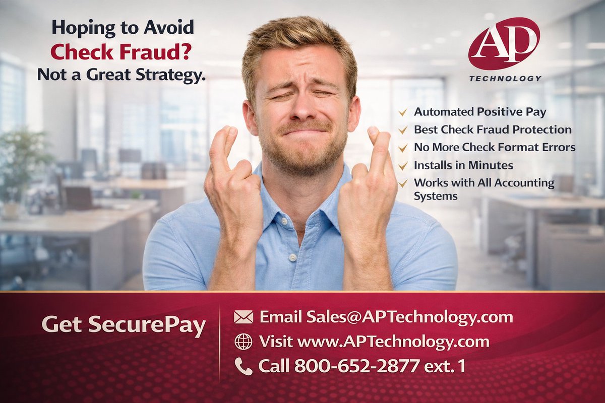 APTpay's tweet photo. #SecurePay is automated Positive Pay fraud protection for your #check payments. Installs in minutes and works with all accounting systems. No more check format errors. Recommended by banks and brought to you by #APTechnology. Ask for a demo. https://t.co/SIkE8V62OI https://t.co/px40iYz5de