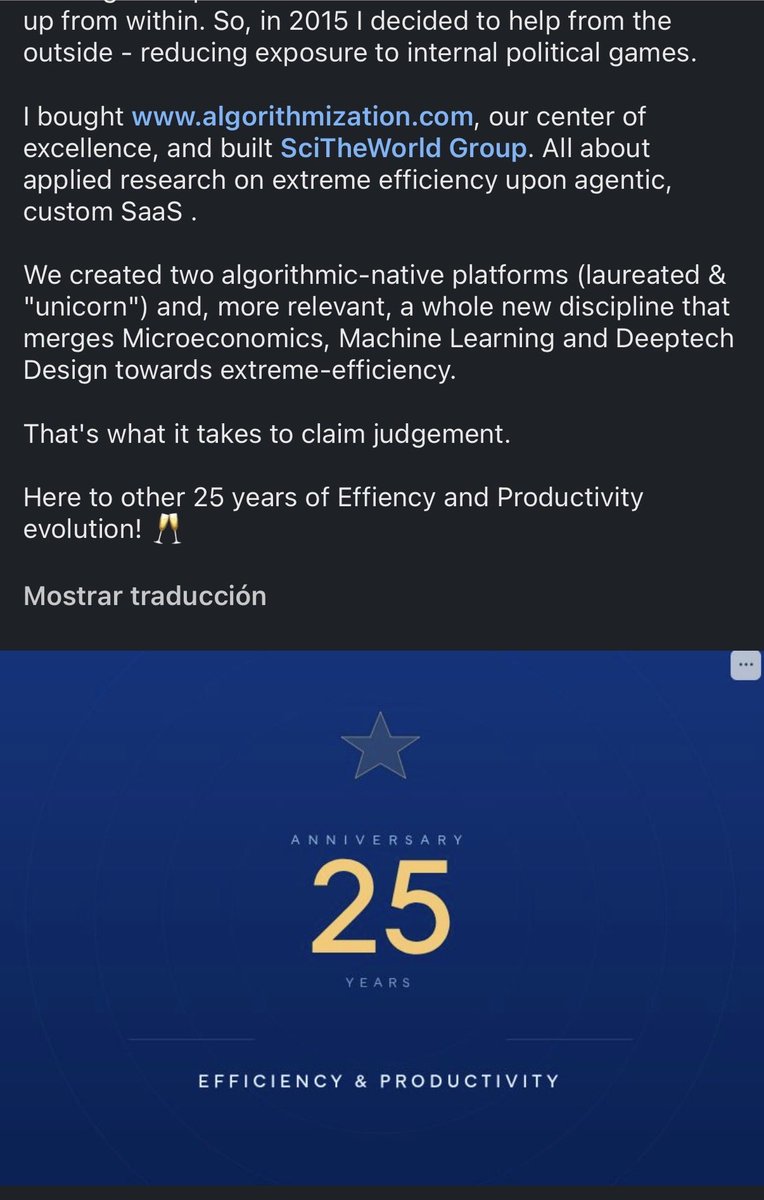 satelena's tweet photo. 25 years already 🥂. It all started at #UniversidadDeOviedo’s Permanent Seminar on Efficiency and Productivity Analysis, back in 2001. From there to extreme-efficient companies upon agentic, custom SaaS.

https://t.co/WQ7BkJNLPV https://t.co/5ppD2AJlWS