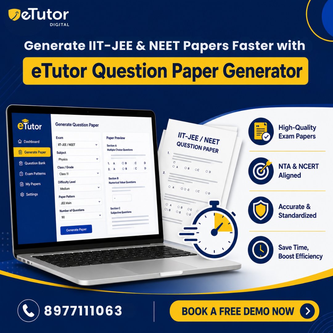 eTutorco's tweet photo. Generate IIT-JEE &amp; NEET question papers in minutes with 2L+ NTA &amp; CBSE-NCERT aligned questions, customizable patterns &amp; instant downloads.

Explore at: https://t.co/rcqoFeuXPp

#QuestionPaperGenerator #IITJEE #NEET #AssessmentSoftware #EdTechB2B https://t.co/cgmf2LMpZk
