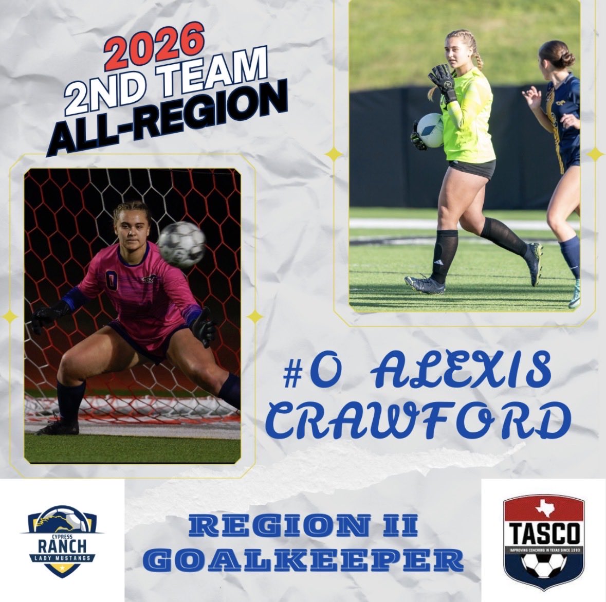 alexis0crawford's tweet photo. I’m so honored to receive 2nd Team All-Region GK‼️ I’m thankful to be recognized not once, but twice by @tascosoccer . My last award for my high school soccer career🥺 at @CRHSLadySoccer with @CoachTCarrier 💛💙 https://t.co/MSPJ1ml71B