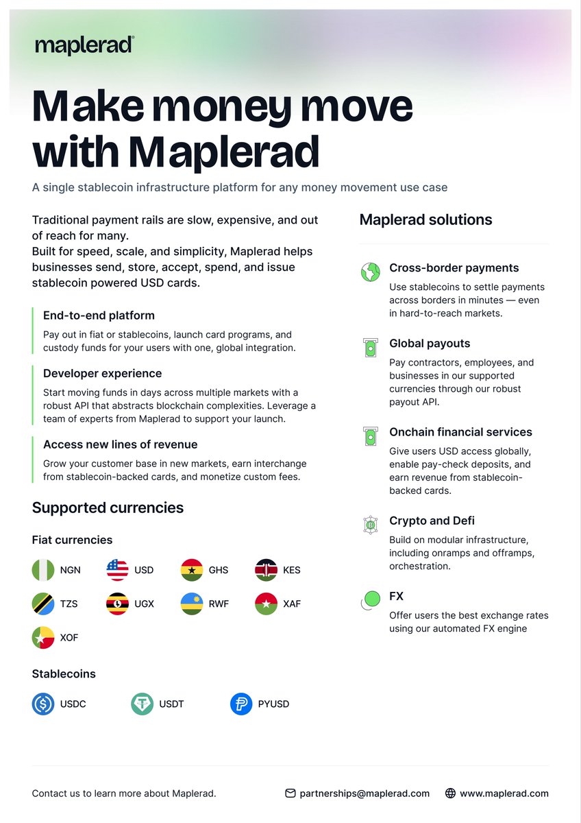 withmaplerad's tweet photo. This is the payment infrastructure your business actually needs.

Send stablecoins globally. Pay contractors in local currency. Issue USD cards. Settle in seconds.

USDC • USDT • PYUSD • NGN • USD • KES • GHS • XAF • XOF • UGX • TZS • RWF

One platform for every payment your business makes. Fast. Global. Simple.

Get started at https://t.co/5lsZBabqGR