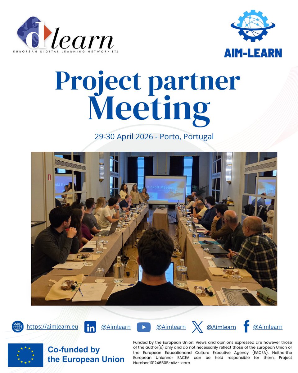 dlearneu's tweet photo. 🌐 European Digital Learning Network ETS is proud to kick off another exciting Alliances for Innovation project: Aim Learn Project

🌐 https://t.co/oiw0TMSyQW

#AIMLearn #ErasmusPlus #ArtificialIntelligence #PredictiveMaintenance #Industry40 #Innovation #DigitalSkills #VET https://t.co/COZit7mFBu