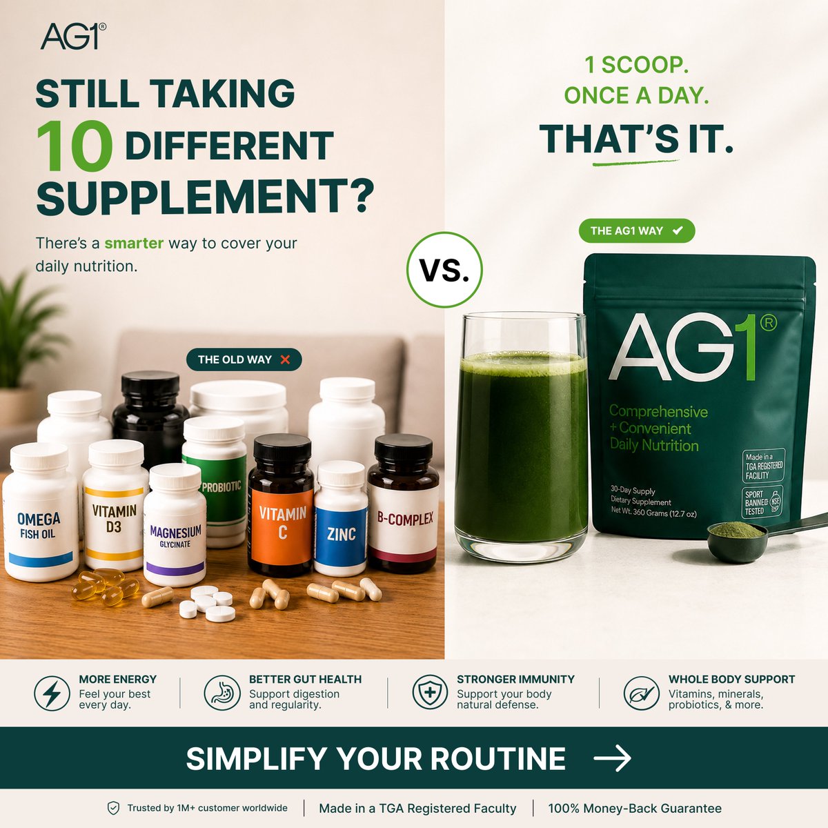 IfeoluwaAjeigb1's tweet photo. Day 4 of learning static ad design.
I created 2 ad concepts for AG1 (Athletic Greens). @drink_AG1
A → Lifestyle/premium angle
B → Problem/solution angle
Which one would you say converts better?
A or B?
#staticad #ads #x #shopify #facebookad #figma https://t.co/zF8HS3Mtzi