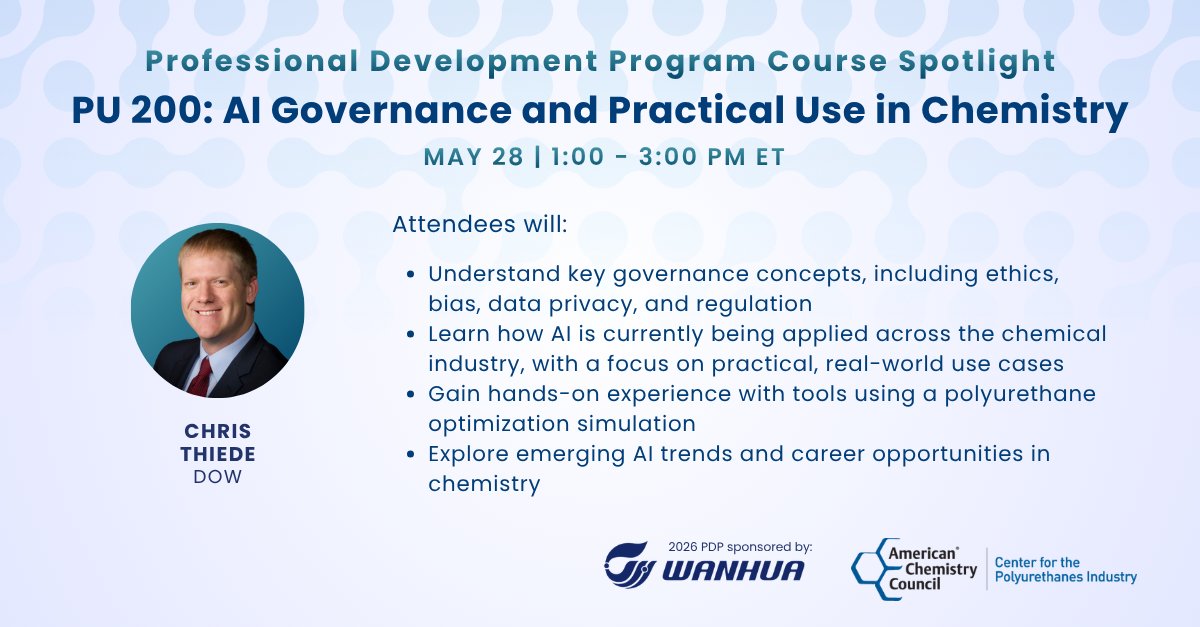 accpolyurethane's tweet photo. 💼 Grow your impact with PU 200: AI Governance and Practical Use in Chemistry

Our Spring Professional Development Program starts this week!  Don't miss this opportunity to strengthen your skills in AI.

📅 May 28 | 1:00 - 3:00 PM ET
📍Virtual

https://t.co/BGBhl5dHT7 https://t.co/P4H13a9vhr