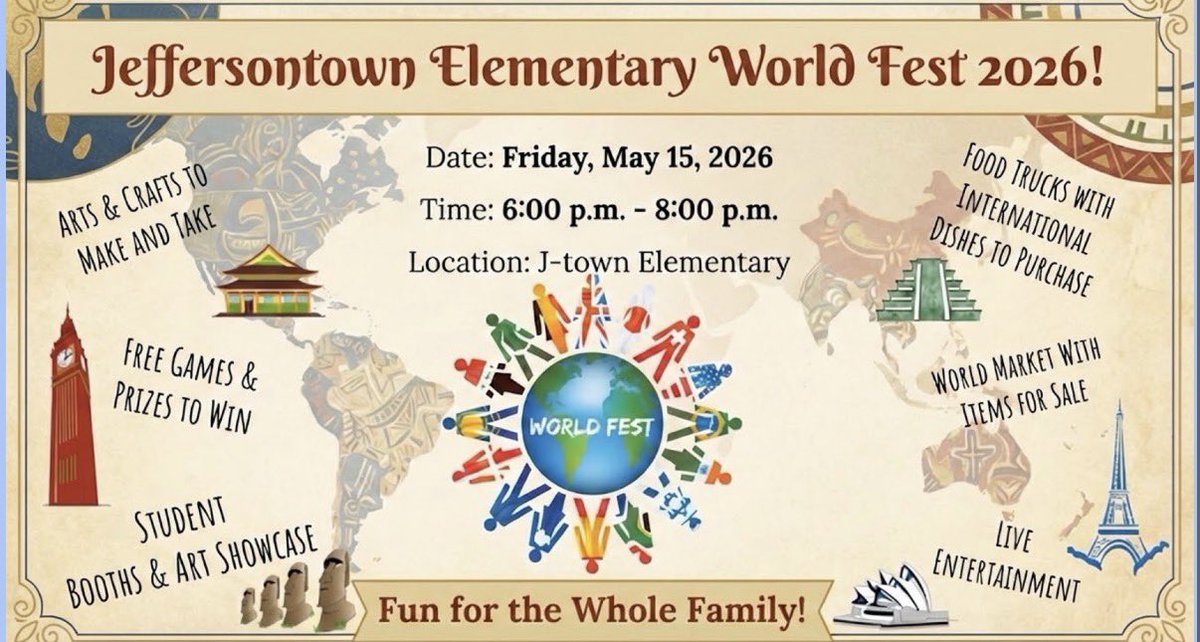 MsJennaMorrell's tweet photo. We are looking forward to our annual WorldFest on May 15 at @jtownelementary @JtownElemAP https://t.co/NfMOCQkAVU