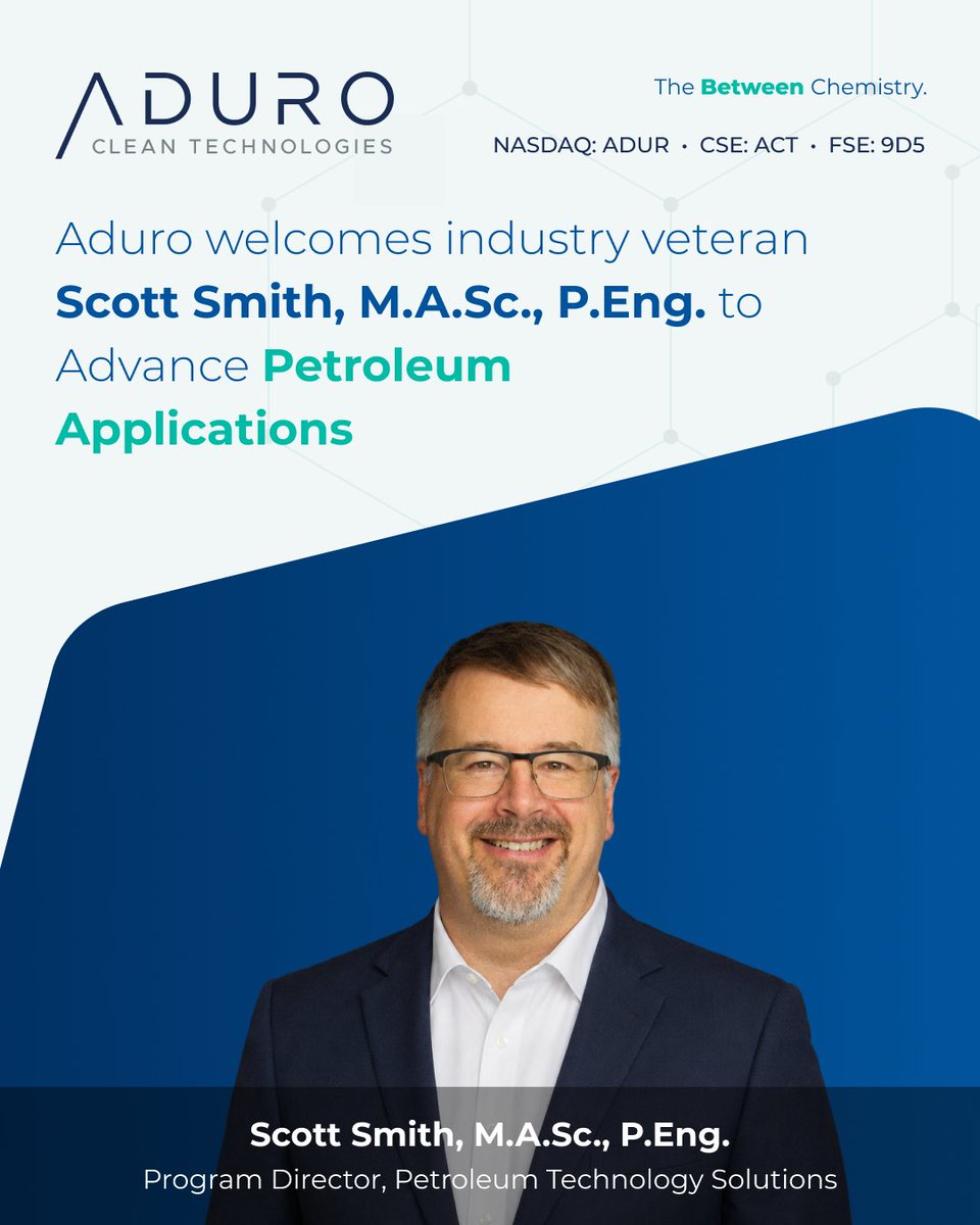 AduroCleanTech's tweet photo. We are pleased to welcome Scott Smith, M.A. Sc., P.Eng. as Program Director, Petroleum Technology Solutions.

Scott brings more than 25 years of experience in industrial and energy technology development, including 17 years at Cenovus Energy, where he most recently led an enterprise-wide innovation portfolio across upstream and downstream operations.

In this role, Scott will support the advancement of Hydrochemolytic™ Technology applications for bitumen and paraffinic crude upgrading, with a focus on pilot campaigns, integration approaches within existing operating sites, and commercially relevant development pathways.

His appointment follows recent R&D work that expanded HCT’s application to paraffinic and waxy crude oils, broadening petroleum activities beyond its established bitumen focus.

Welcome to the team, Scott!

👉 https://t.co/Cxuzmvn1rF

$ADUR #CleanTech #EcoInnovation #HeavyCrude