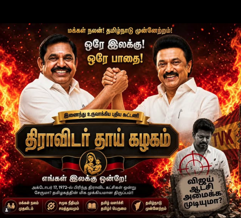 BiggShots's tweet photo. திமுக - அதிமுக கூட்டணியா?
இப்படி ஒரு நிகழ்வு நடக்குமா?72-ல் எ.ஜி.ஆர் அவர்கள் தி.மு.கவில் இருந்து பிரிந்து தொடங்கப்பட்ட ��ட்சி அதிமுக. இன்று வரை மிக பெரிய திராவிட இயக்கமாக வளர்ந்து தற்போது மீண்டும் கூடுகிறதா??
Pics: ChatGPT. திராவிடர் தாய் கழகம் என்பது எனது சிறிய கற்பனை பெயர். https://t.co/lEeHZHzqNI