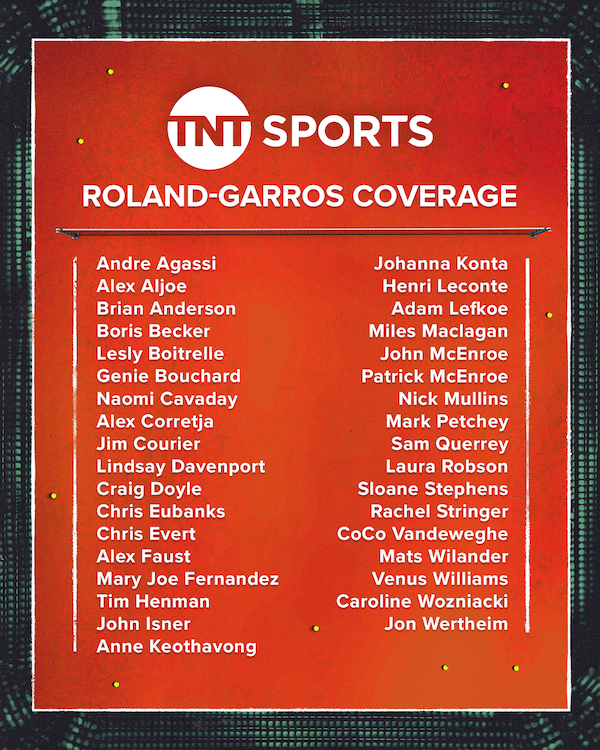 TNTSportsPR's tweet photo. Ooh la la! 🇫🇷🎇🏆

🎾 TNT Sports' two weeks of expansive cross-platform @rolandgarros U.S. coverage from Paris to feature tennis icon @Venuseswilliams & Hall of Fame tennis legends, including @AndreAgassi, @JohnMcEnroe , @LDavenport76, Jim Courier & more!

🎾 @geniebouchard joins TNT Sports as on-site contributor; @JohnIsner expands on-air role across studio & match coverage

🗣️ “This talented lineup for Roland Garros will deliver an energetic blend of authenticity, credibility, and personality to every moment of this iconic major,” said Craig Barry, Executive Vice President and Chief Content Officer, TNT Sports. “In our second year, we will continue to push the coverage delivering a presentation that’s as dynamic and distinctive as the event itself.”

Full release for more: https://t.co/Ra19PI0AWd