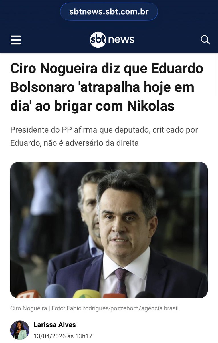 Segundo a PF, Ciro Nogueira recebia uma mesada de 300 mil do Vorcaro.

Ciro Nogueira defende o nikolas e ataca a família Bolsonaro.

Os influenciadores que receberam milhões do Master também defendem o nikolas e atacam os bolsonaristas.

O braço direito do nikolas, estava na