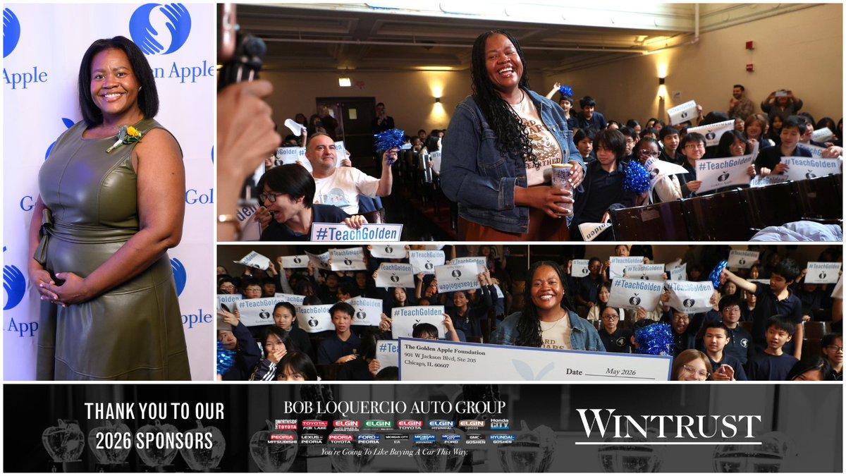 Teach_Golden's tweet photo. We had the best time surprising Misty Richmond at James Ward Elementary School today with a 2026 Award for Excellence in Teaching.

Thank you to our generous 2026 sponsors: @BLAutoGroup and @Wintrust!

#TeachGolden #GoldenApple #GoldenAppleSurpriseVisits2026 https://t.co/U5D37DueGe