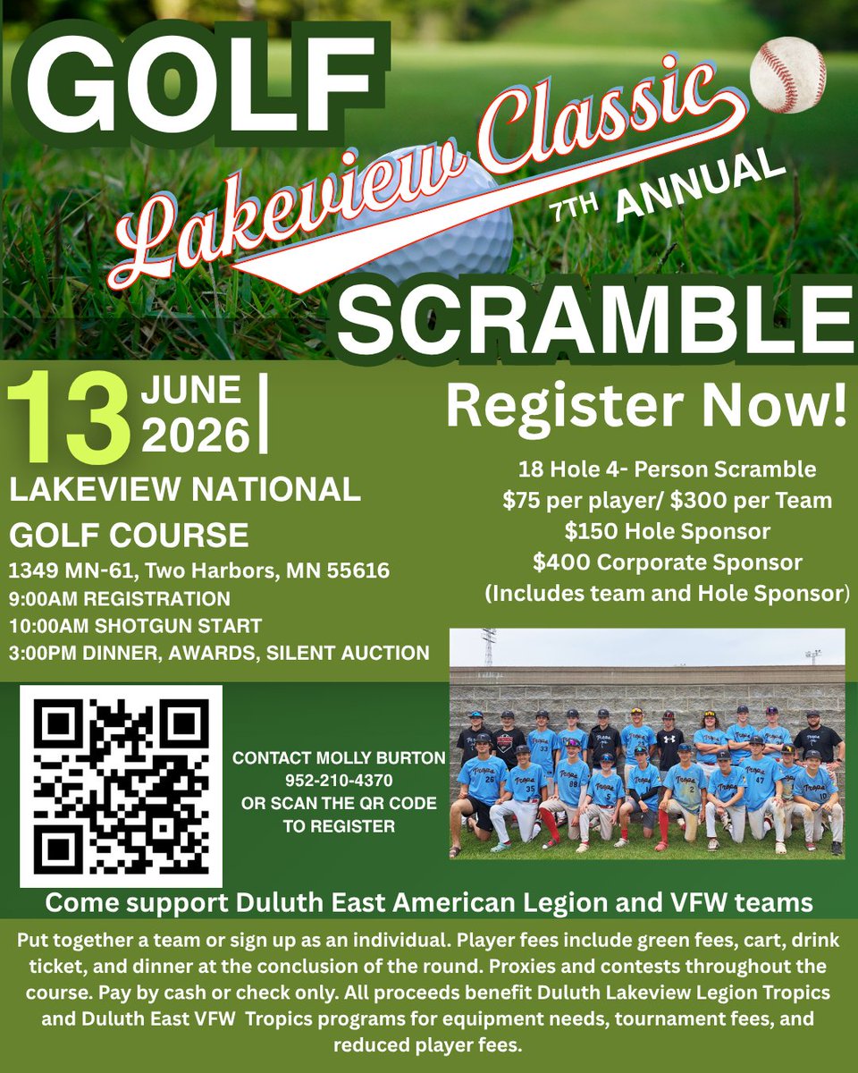 DEHSBaseball's tweet photo. Its that time of year! The Lakeview Classic is back for its 7th year! Come golf with us and support the Duluth Tropics VFW and Legion teams. See you on the links!

Use the QR code or contact Molly Burton to register! https://t.co/Gp3uRzR35W
