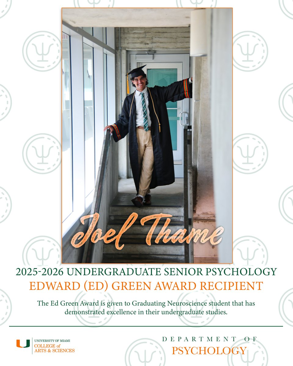 UMiamiPsych's tweet photo. Congratulations, Joel Thame!

We're thrilled to announce that Joel Thame has been named the 2025-2026 recipient of the Edward (Ed) Green Award!

This honor is awarded to an Outstanding Neuroscience Student who exemplifies the excellence, integrity, and passion for discovery. https://t.co/AbIDNT0JHh