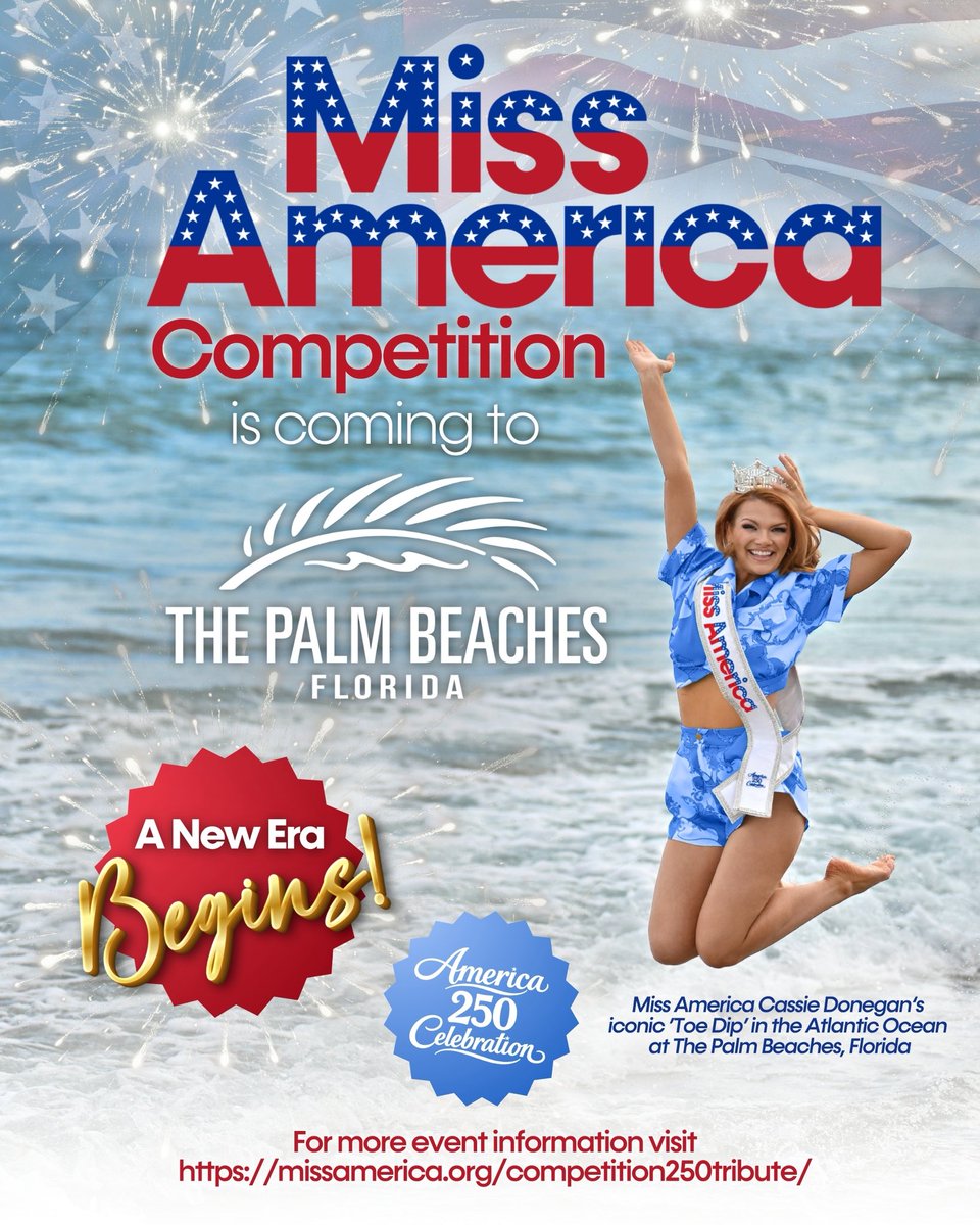 MissAmerica's tweet photo. Miss America Announces West Palm Beach as New Host City! Iconic Pageant Lands in The Palm Beaches, “America’s First Resort Destination®” 

FOR IMMEDIATE RELEASE

May 7, 2026 — The Miss America Organization is proud to announce that the upcoming Miss America Competition will take place August 28–September 6, 2026, in West Palm Beach, Florida, in The Palm Beaches — known as “America’s First Resort Destination®” — with key events hosted at the Palm Beach County Convention Center, the Raymond F. Kravis Center for the Performing Arts, and the Hilton West Palm Beach. 

The announcement marks a defining moment in the New Era of Miss America, aligning one of the nation’s most enduring platforms for women with a destination recognized for its visionary growth and cultural influence. The iconic competition will commemorate 105 years of Miss America and culminate on the evening of September 6th in the crowning of the 99th woman to wear the crown, as the new Miss America! 

West Palm Beach’s selection as host city signals a bold new chapter for the organization. As a global destination for arts, culture, and world-class events, The Palm Beaches provide a powerful backdrop for the future of Miss America.