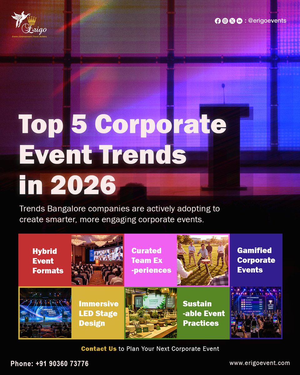 ErigoEvents's tweet photo. Corporate events in 2026 are all about engagement, experience, and smart execution.

From hybrid events and immersive LED stages to gamified activities and curated team experiences - brands are moving towards more interactive corporate event solutions.

At Erigo Events, we create corporate events that connect people, strengthen culture, and leave a lasting impact.

International Event Management Company
Corporate Events
M.i.c.e events
Corporate event Managament company
Corporate event organisers
Event planners in bangalore
Corporate event management companies in India
Event company in pune
Event company in bangalore
Event company in Hyderabad
Event company in Chennai
Event company in Mumbai
Kick off Event planning
Corporate event management
Annual Day event
Event planners
Event Companies
Event Company in India
Family Day Planners

📞 +91 90360 73776
🌐 https://t.co/rKaoGBofEr

#CorporateEvents #EventManagement #MICEEvents #CorporateEventManagement #HybridEvents #EventPlanning #ExperientialEvents #CorporateEventIdeas #BangaloreEvents #EventCompany #StageDesign #CorporateEngagement #EventProduction #ErigoEvents