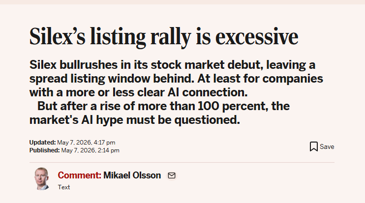 $Silex up 100%+ today and DI calls it "excessive - very typical Swedish media. Yes it' can be argued that it is expensive. But "expensive" doesn't matter when supply is structurally broken.

5% of shares distributed across ~20,000 retail accounts. Cornerstones locked 180 days.
