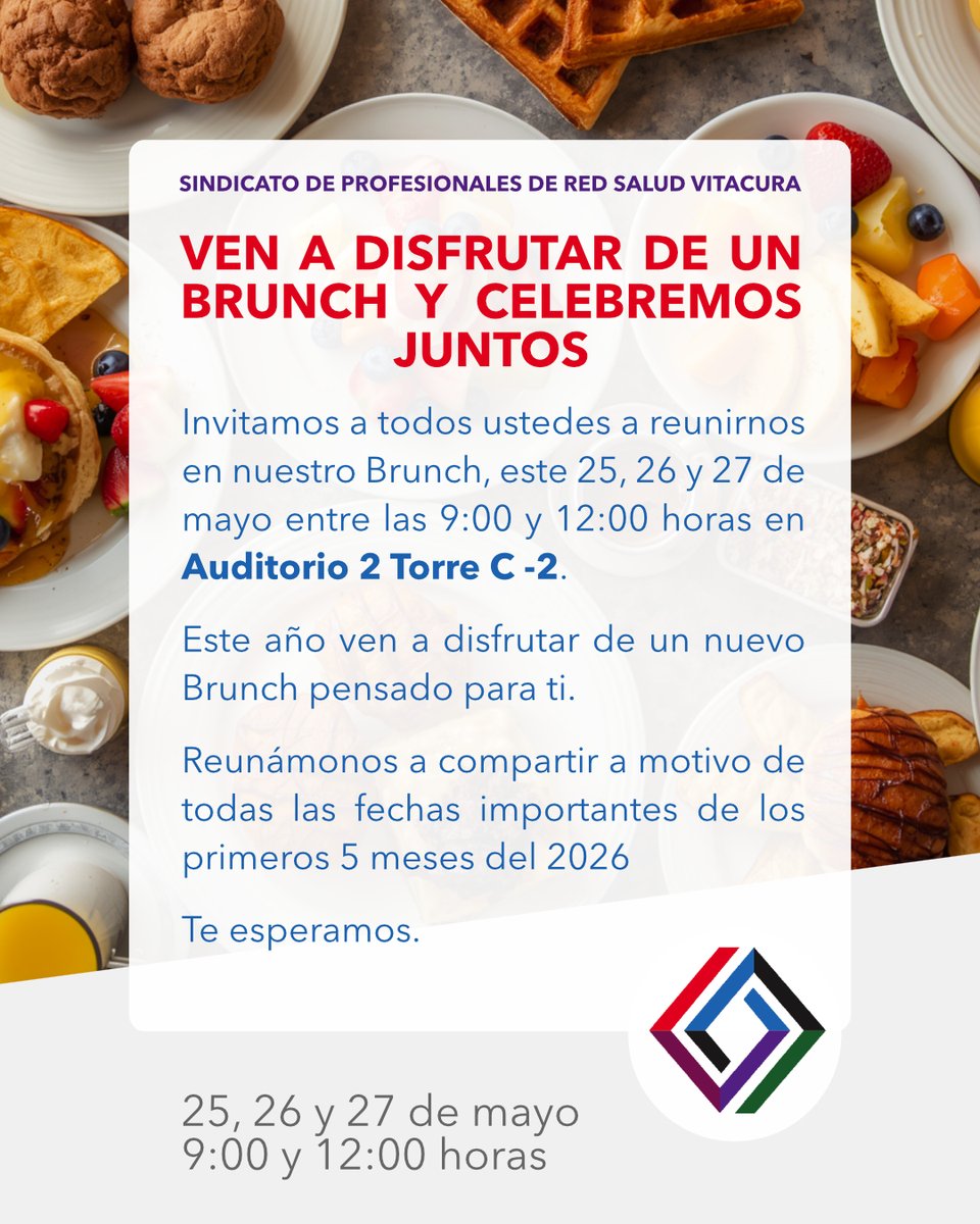 sindicatorsv's tweet photo. ✨ ¡Brunch en comunidad! 🥞☕
Ven a compartir, celebrar y disfrutar juntos este 25, 26 y 27 de mayo en Auditorio 2, Torre C -2, entre 9:00 y 12:00 hrs.
¡Te esperamos con toda la energía! 🤝💛

#BrunchSindicato #RedSaludVitacura #Encuentro2026 #SindicatoRSV #SindiProRSV https://t.co/g8bDAXKT4J