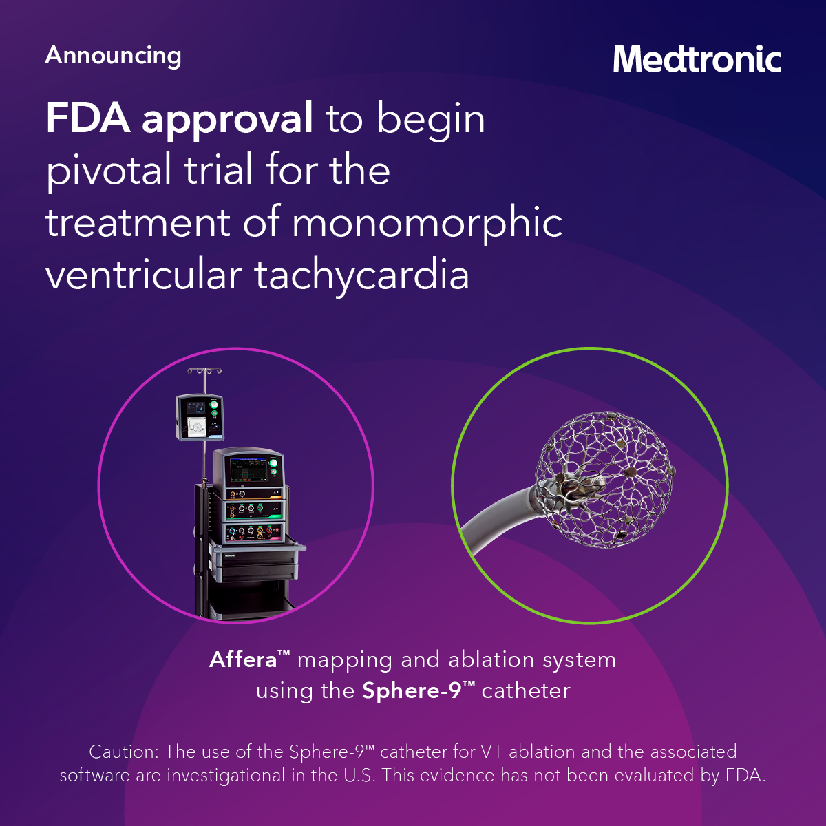 MDT_Cardiac's tweet photo. Medtronic received FDA approval to begin a pivotal trial evaluating the Affera™ mapping and ablation system, with updated ablation software, used with the Sphere-9™ catheter for the treatment of monomorphic ventricular tachycardia (VT).

Learn more: https://t.co/DhsLliha12 https://t.co/9WhLVIUbAZ