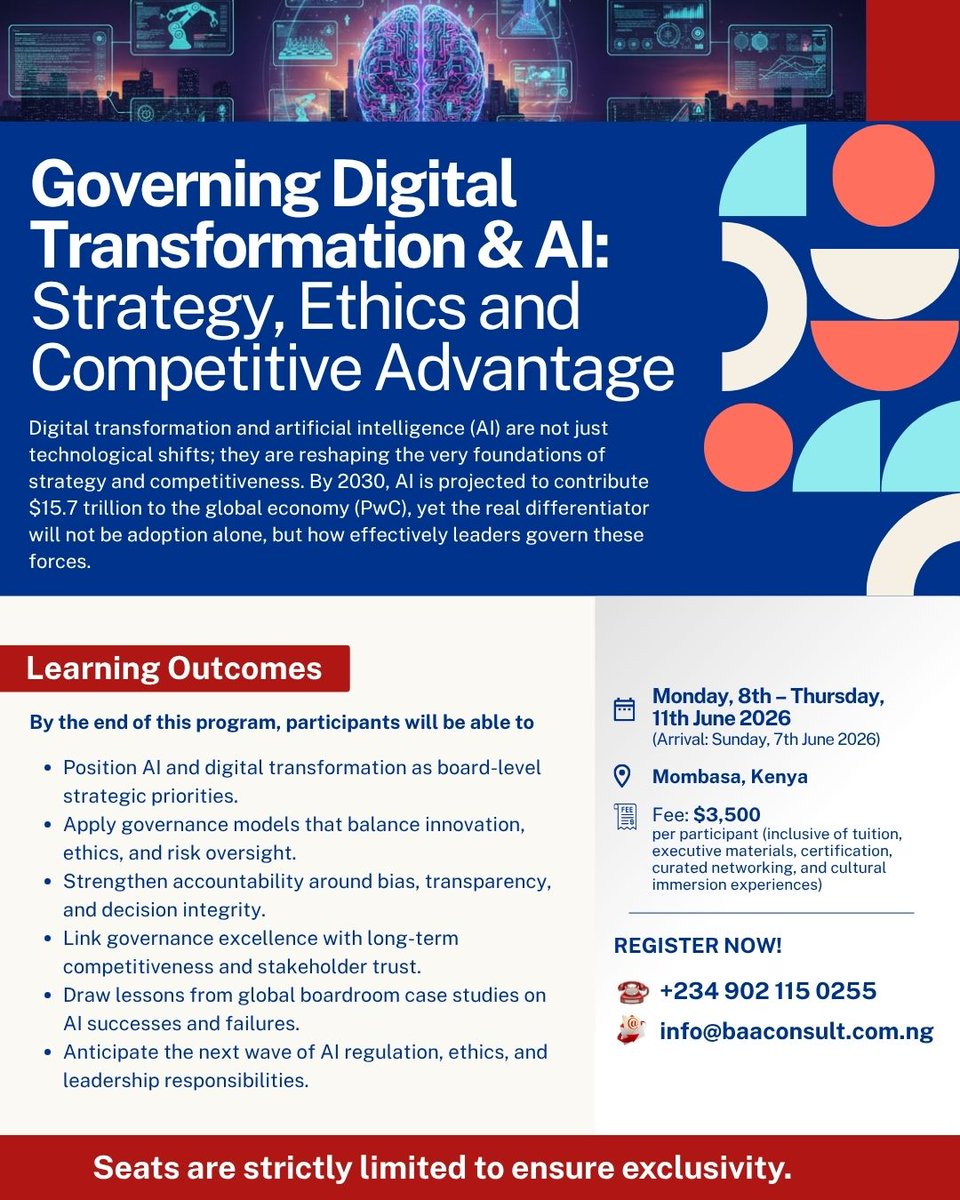 BAAConsult's tweet photo. The future of leadership is not just digital — it is governed with strategy, ethics, and foresight.

Join senior executives, board members, policymakers, and institutional leaders for an exclusive offshore masterclass on: https://t.co/aOYtYVDr55