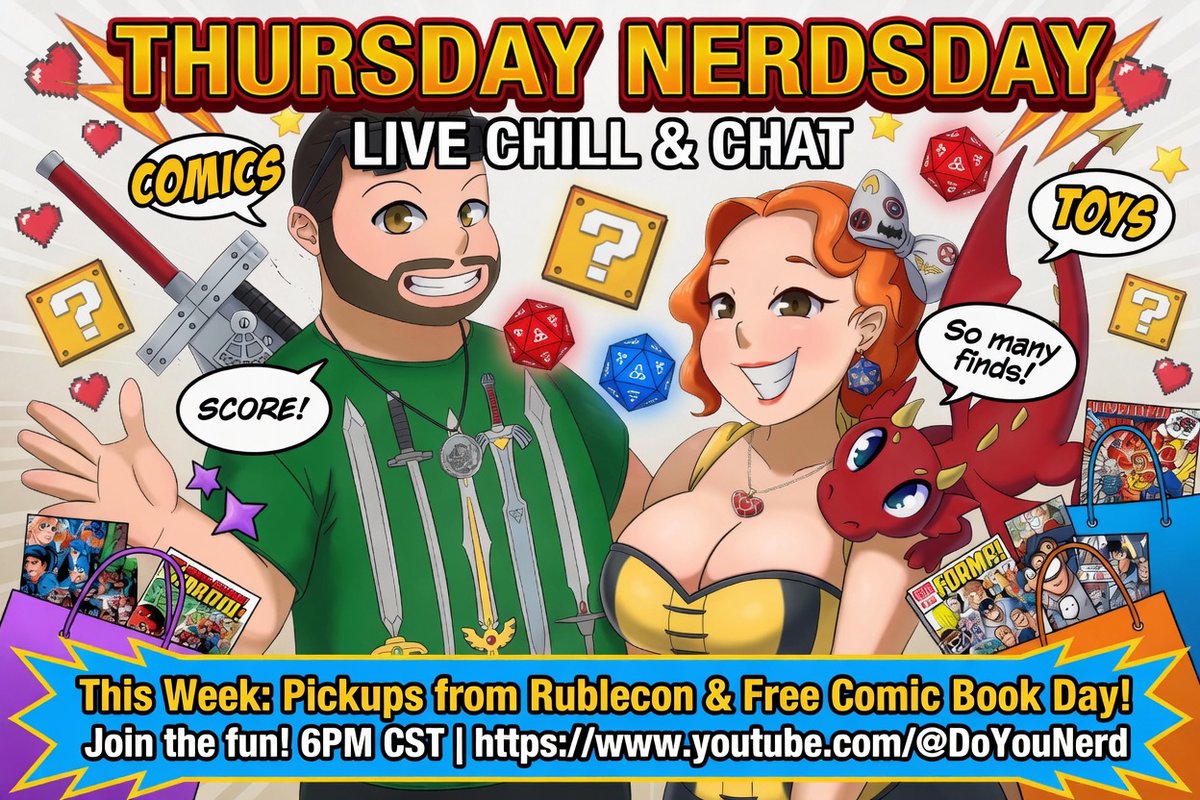 Do_You_Nerd's tweet photo. Thursday Nerdsday is LIVE tonight at 6PM CST!
We’re diving into our haul from Rublecon and Free Comic Book Day!
Bring your own pickups stories and come hang out!
#ThursdayNerdsday #FCBD #Rublecon #GeekCulture #RetroGaming #ComicBooks https://t.co/COrcsAKjzH