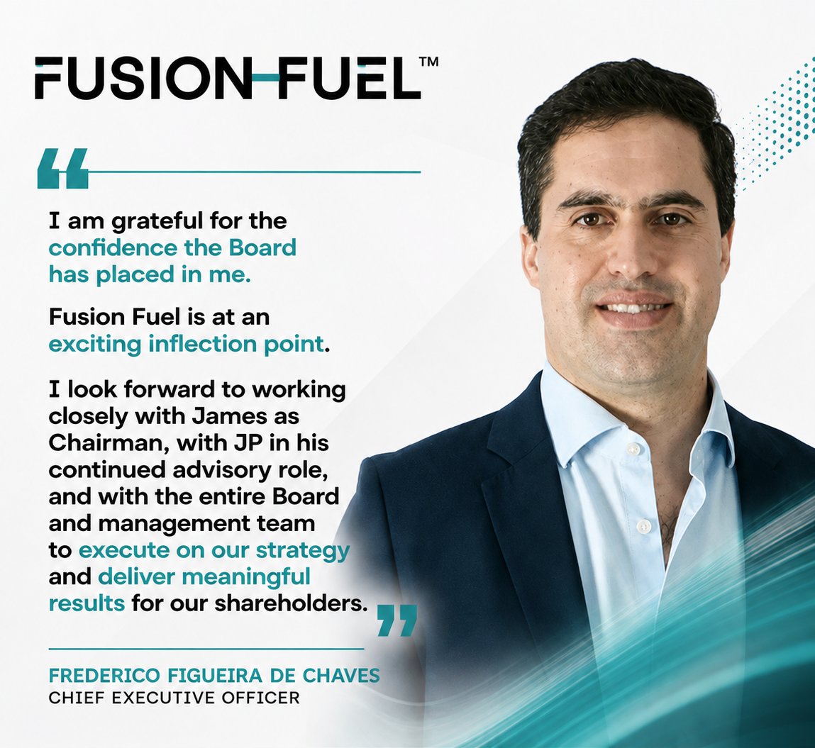 Fusion_Fuel's tweet photo. Fusion Fuel enters a new chapter with a strengthened leadership team focused on execution, growth, and long-term shareholder value.

The company has officially appointed James Passin as Chairman of the Board and named Frederico Figueira de Chaves as Chief Executive Officer.
$HTOO https://t.co/SS7DjHZMeF