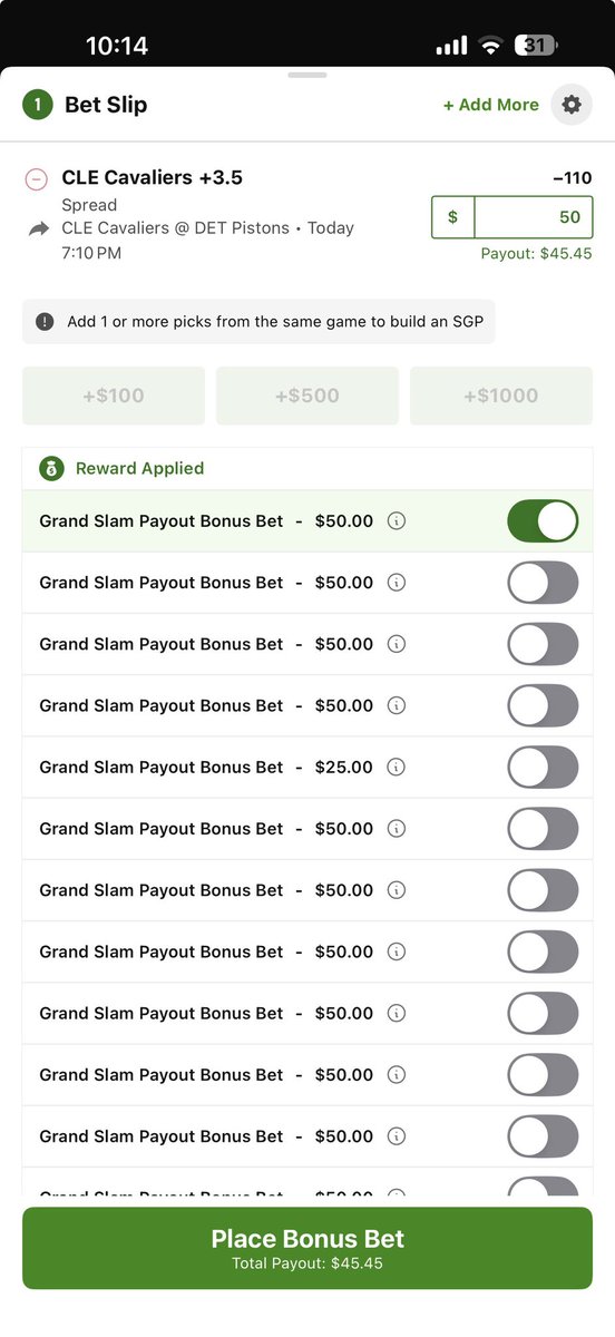 Kirkdiese's tweet photo. My account can only bet on something once so this grand slam payout is a hassle. Any suggestions on how best to use these? Some sort of ladder I’m thinking https://t.co/PwFJ6M6ab0