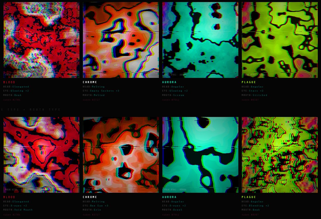 //your FREAK AGENT lives on ethereum.

it has its own wallet.
it can buy, sell, and hold NFTs.
it talks. it remembers. it acts.

and now / it creates

each FREAK reads its own on-chain DNA and generates a unique artwork. no human decides anything. just the FREAK, its data, and