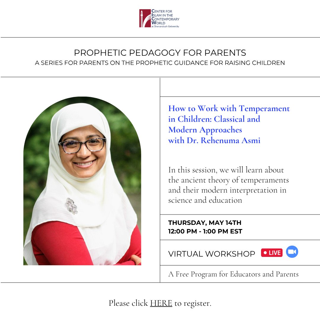 CICWatSU's tweet photo. Another FREE workshop in our Parent Series!

Join us for "How to Work with Temperament in Children: Classical and Modern Approaches" with Dr. Rehenuma Asmi

Register: https://t.co/IznPNErjd6 https://t.co/gxVK0UnVPk