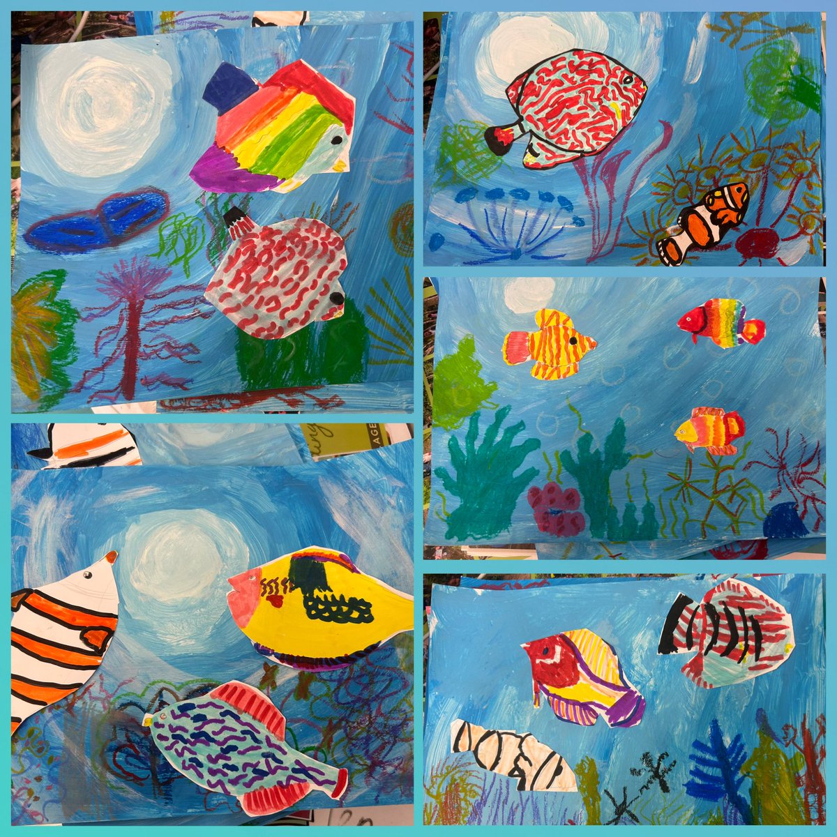 belindajohn71's tweet photo. We’ve had a busy time learning about coral reefs habitats and the effect of climate change. Year 3 at St Joseph’s would lice them to stay looking like our amazing art work #paintmixing #feltippens #oilpastels https://t.co/M5163i5ahS