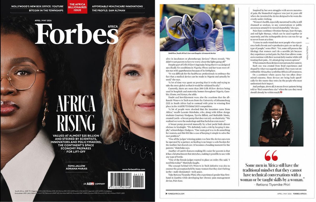 timbuktooafrica's tweet photo. Congratulations to @MukubaUniPod for supporting innovation gaining global recognition. 
Special congratulations to innovator @retiana_p featured in Forbes Africa for her menstrual pain wearable device offering advanced relief .
https://t.co/YgbtQQtVDx https://t.co/FsJI4nfMF8