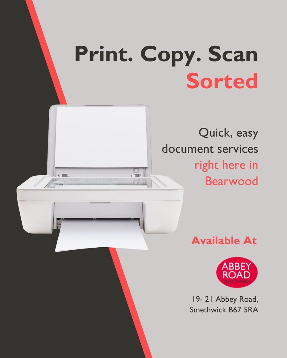 AbbeyRdPO's tweet photo. Need to print, copy or scan something?Whether it’s an important document, returns label, or everyday paperwork, you can access your files online or bring them in on a USB, we’ll take care of the rest. Just pop into Abbey Road Post Office whenever you need us. https://t.co/mzJKHV6pvx