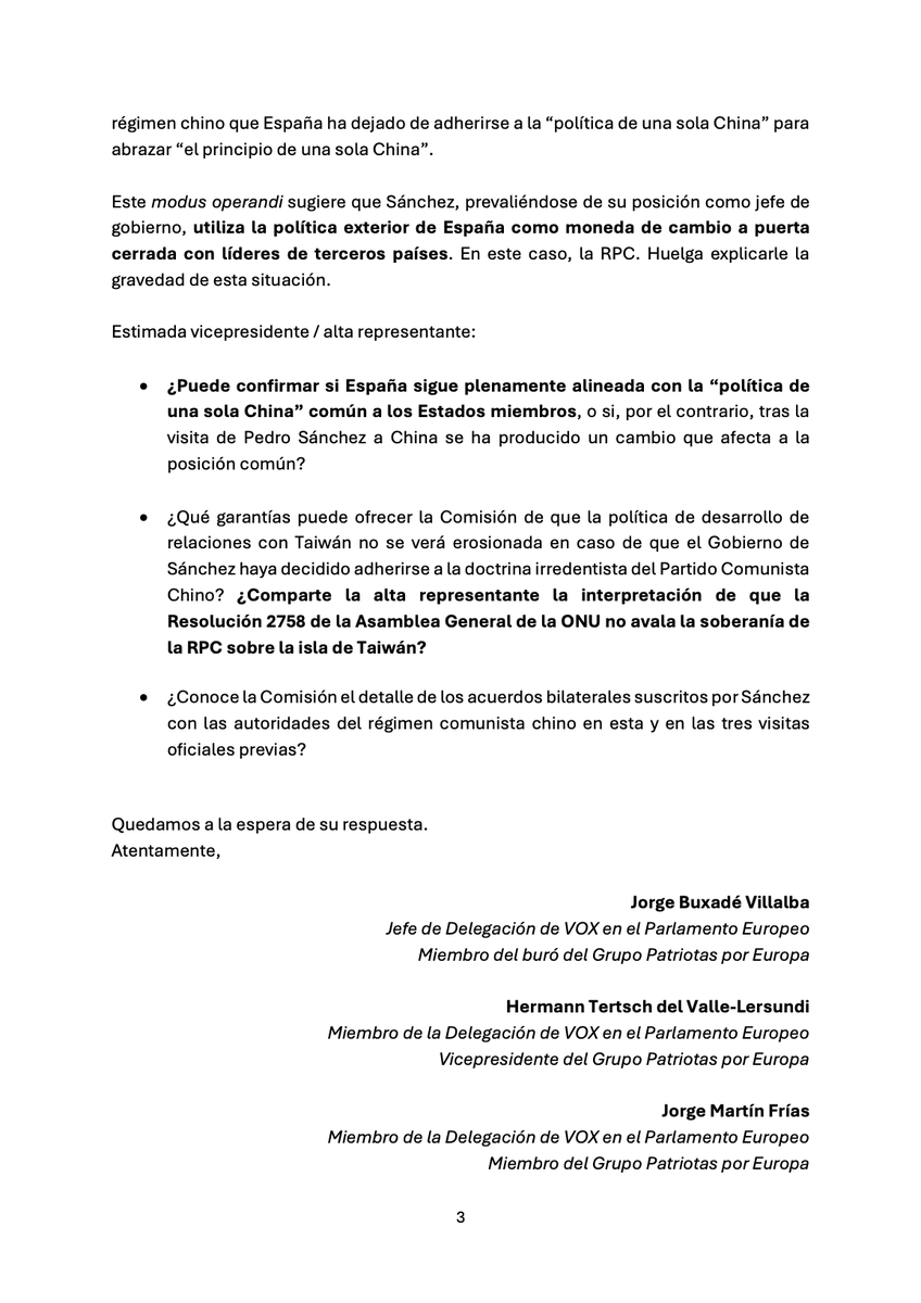 🔴 Sánchez le regala a Xi Jinping la posición de España sobre Taiwán. En secreto. Sin las Cortes. Sin el Consejo de Ministros. Nos enteramos por el régimen chino.

👉🏻 <a href="/hermanntertsch/">Hermann Tertsch</a> <a href="/jm_frias/">Jorge Martín Frías</a> y <a href="/Jorgebuxade/">Jorge Buxadé</a> exigen explicaciones a Kaja Kallas.